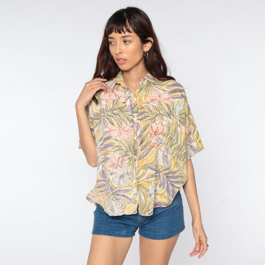 80s Tropical Floral Button-Up Shirt Yellow Pink Hawaiian Blouse Medium