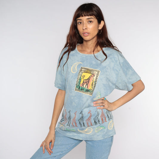 90s Mozambique Giraffe Tie Dye T-Shirt Blue Stamp Print Medium