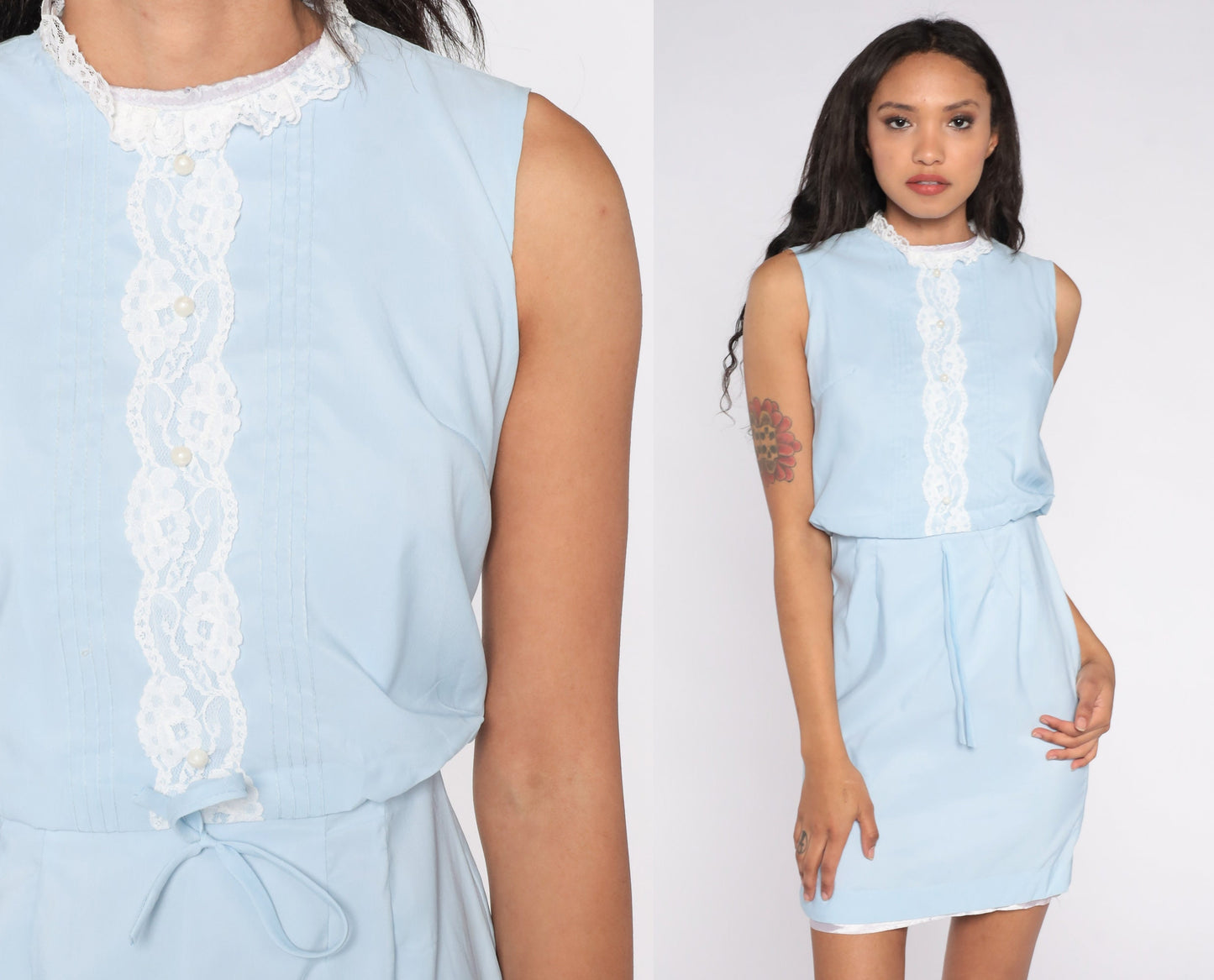 60s Baby Blue Mini Dress High Waist Sleeveless Lace Trim Extra Small