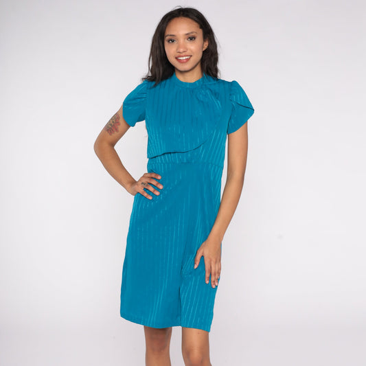 80s Blue Striped Puff Sleeve Dress Knee Length High Waist Small