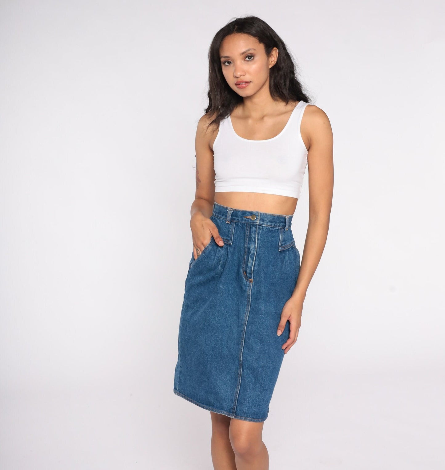 90s Blue Denim Pleated Mini Skirt High Waist Jean Pencil Skirt Extra Small