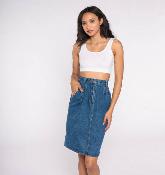90s Blue Denim Pleated Mini Skirt High Waist Jean Pencil Skirt Extra Small