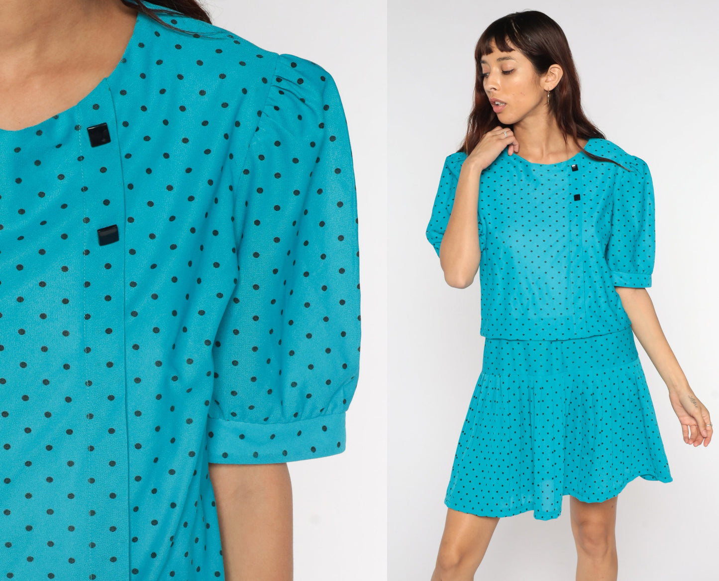80s Blue Polka Dot Mini Dress Puff Sleeve Low Waist Large