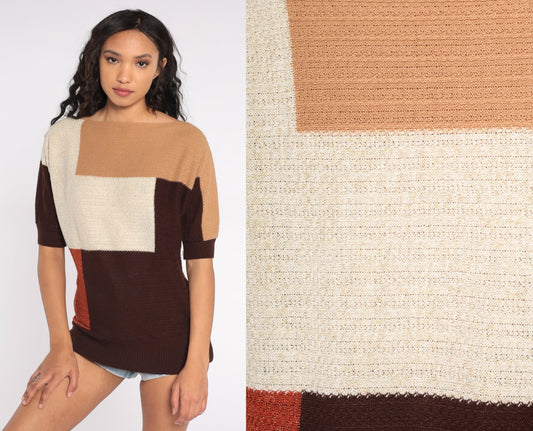 80s Color Block Knit Top Short Sleeve Striped Sweater Cream Rust Brown Small S