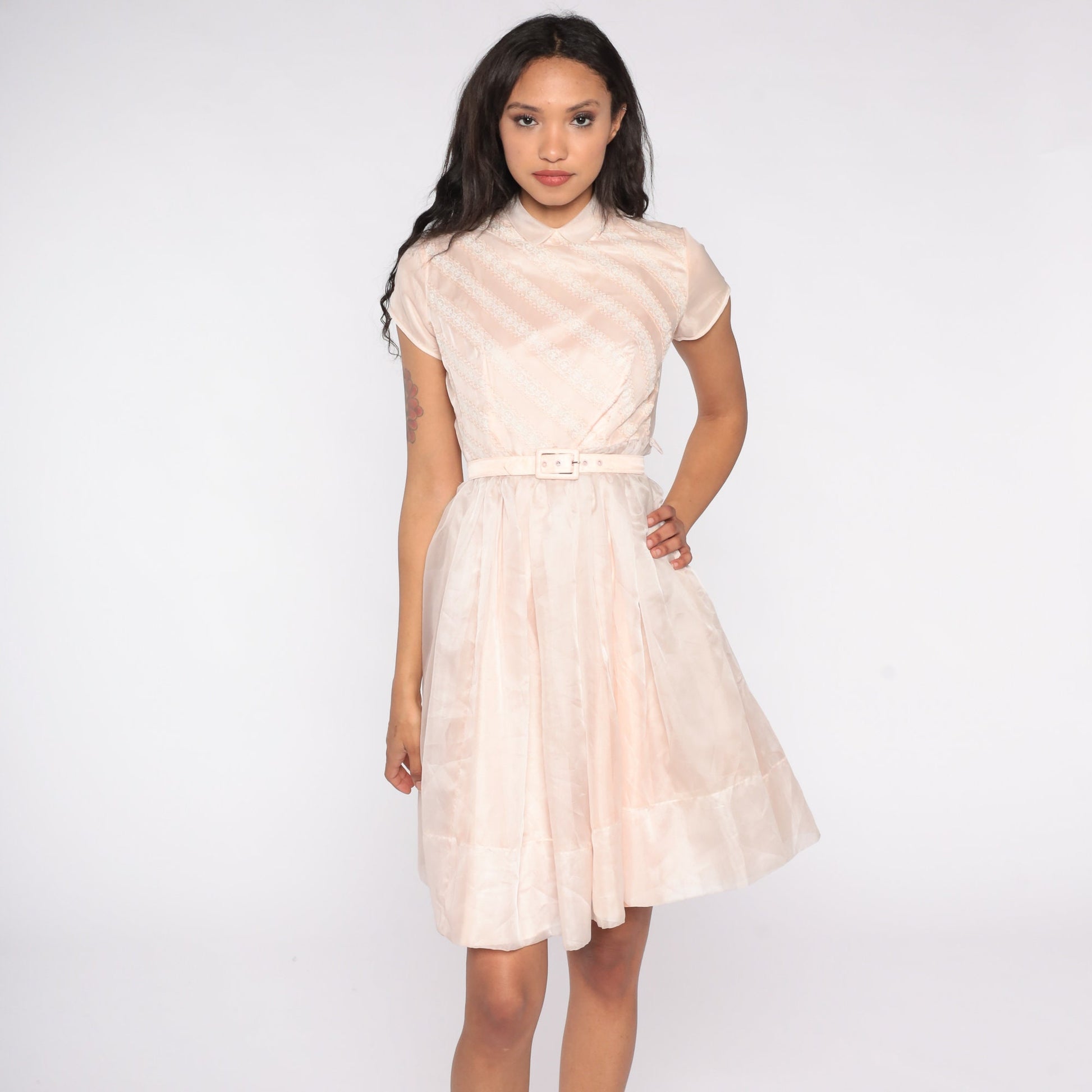 60s Baby Pink Party Dress Peter Pan Collar Full Skirt High Waisted Extra Small
