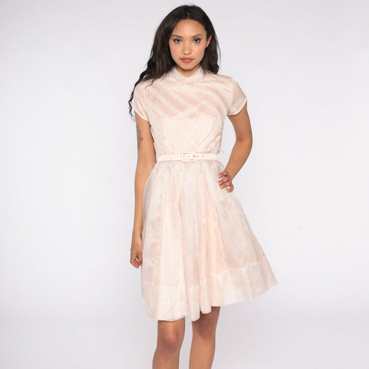 60s Baby Pink Party Dress Peter Pan Collar Full Skirt High Waisted Extra Small