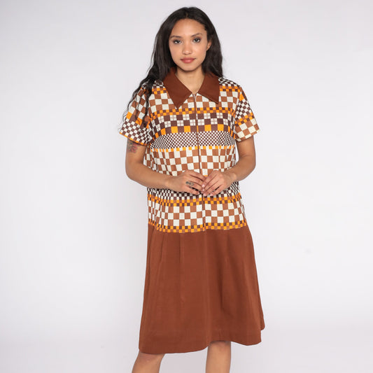 60s Mod Checkered Brown Drop Waist Minidress Short Sleeve Extra Large XL