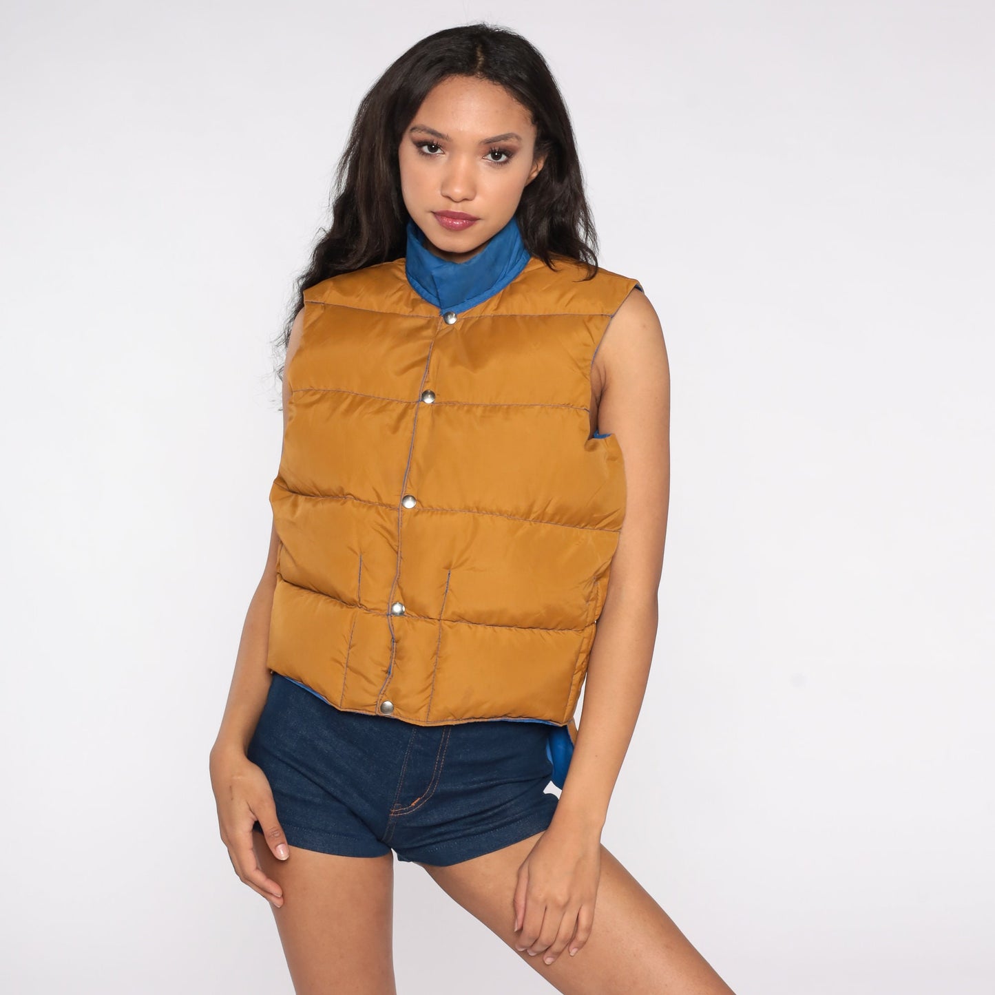 70s Reversible Goose Down Puffer Vest Mustard Brown Blue Sleeveless Medium Large