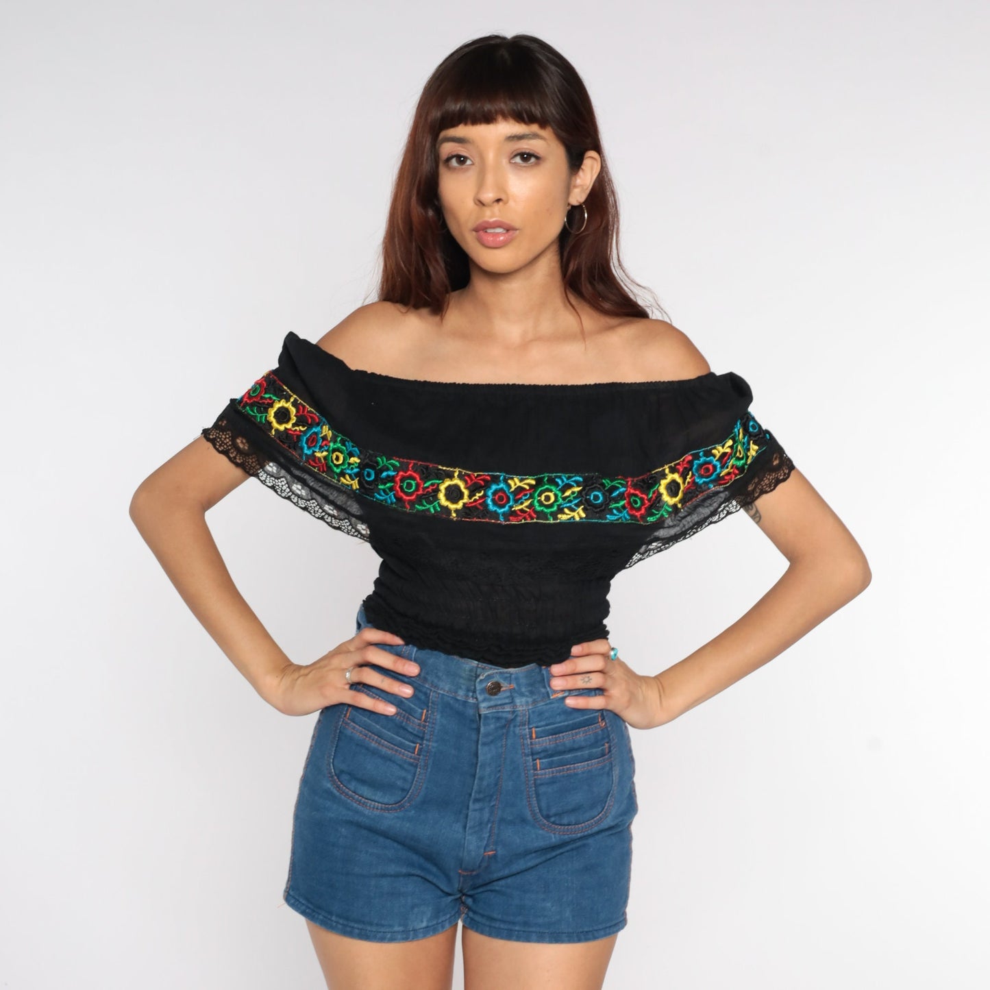 80s Black Off-Shoulder Blouse Floral Embroidered Smocked Waist Extra Small