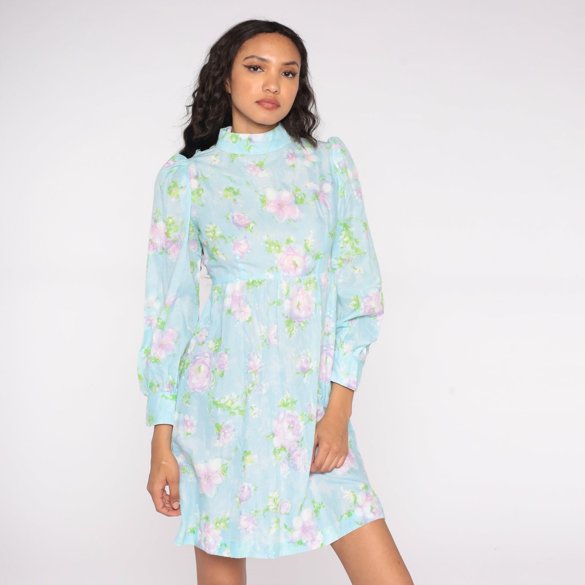 60s Floral Babydoll Dress Baby Blue Mock Neck Puff Sleeve Mini Small S