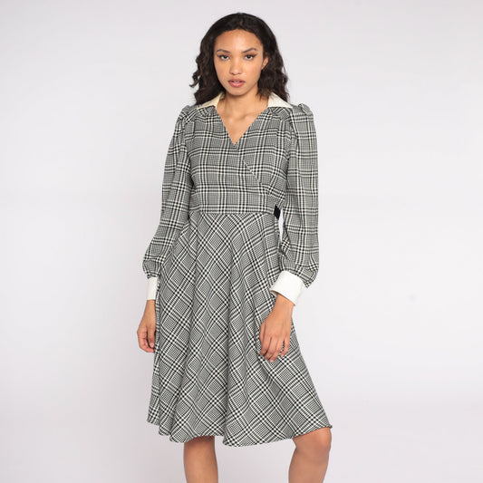 70s Black White Plaid Midi Dress Puff Sleeve Collar Tie Back Medium