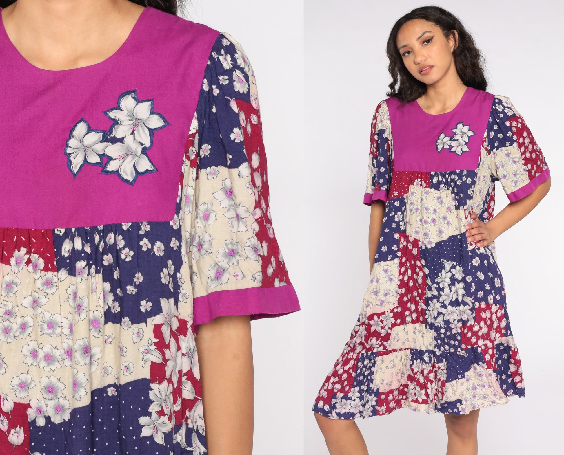 80s Liberty House Floral Patchwork Midi Dress Purple Blue Red Extra Large