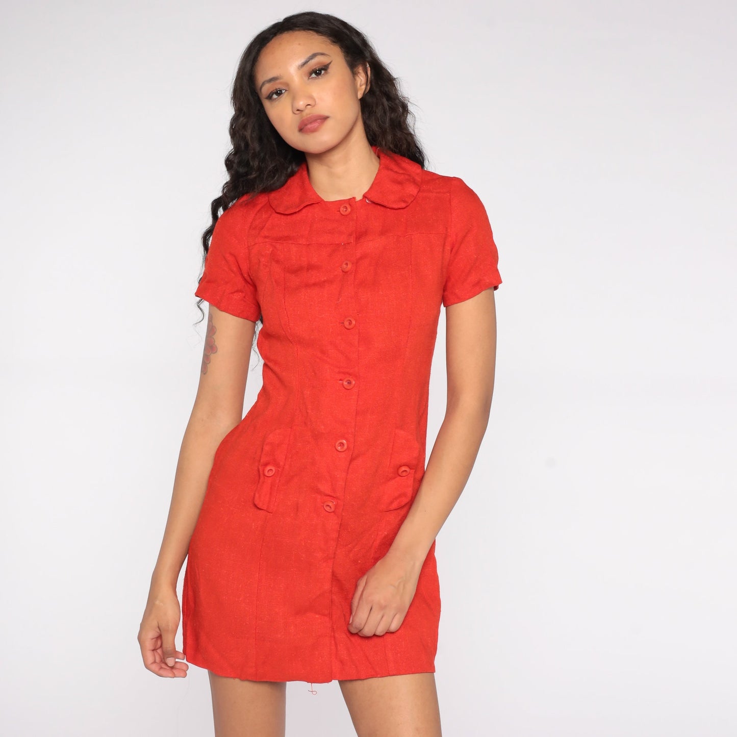 60s Red Mini Dress Peter Pan Collar High Waisted Button Front Small