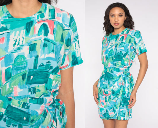 80s Blue City Print Wrap Dress Mini Short Sleeve Medium