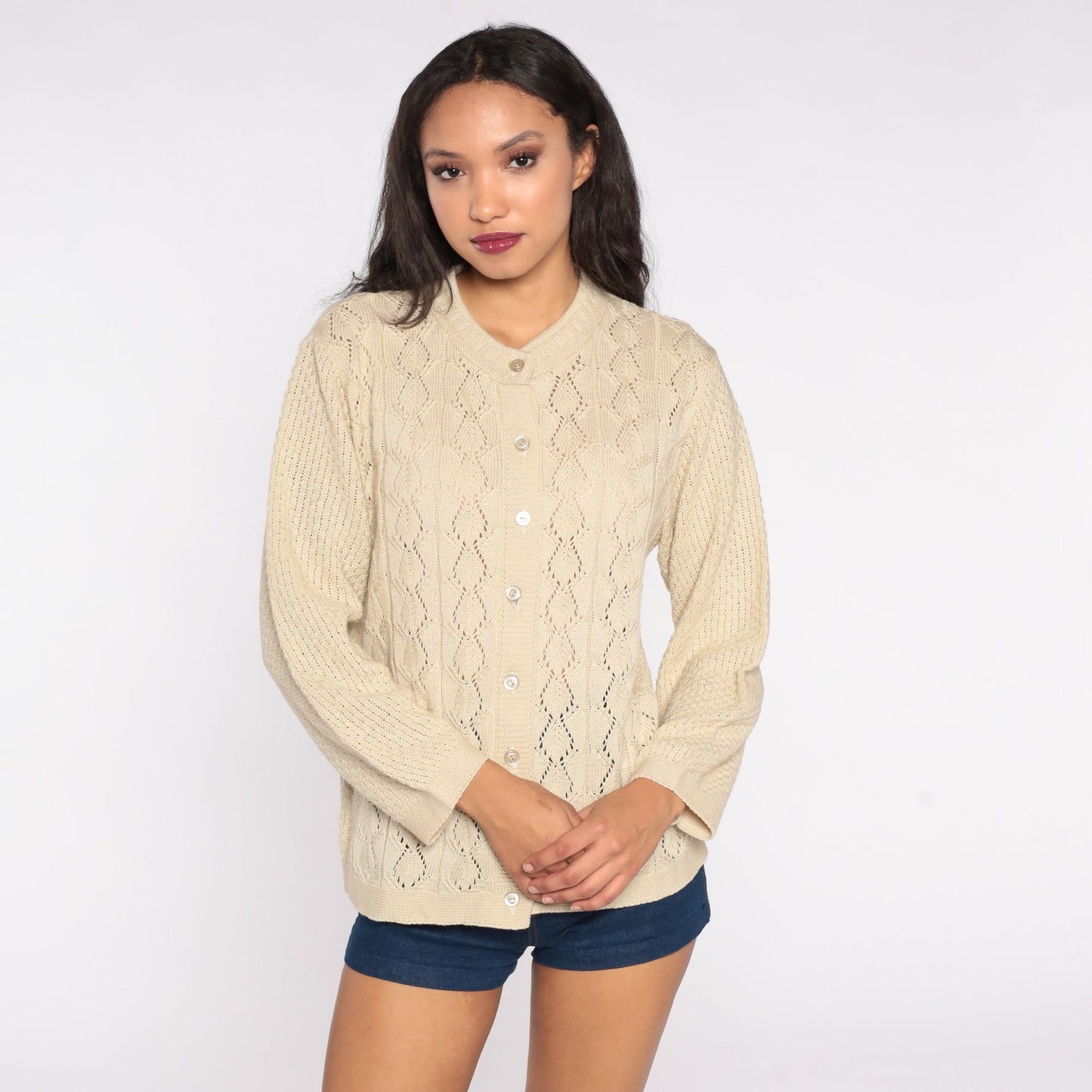 70s Beige Cardigan Sweater Pointelle Open Weave Button Up Knitwear Small