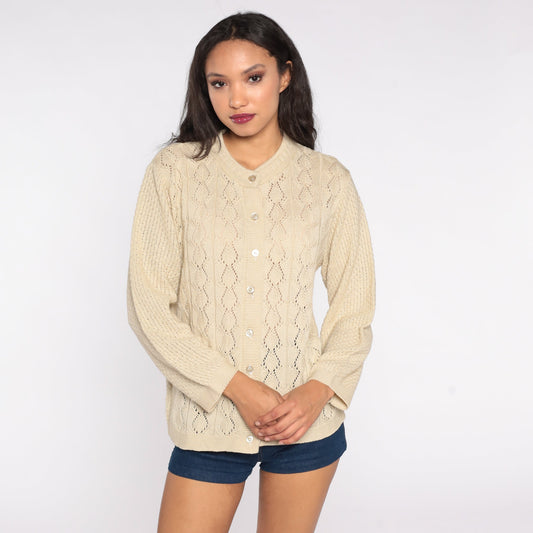 70s Beige Cardigan Sweater Pointelle Open Weave Button Up Knitwear Small