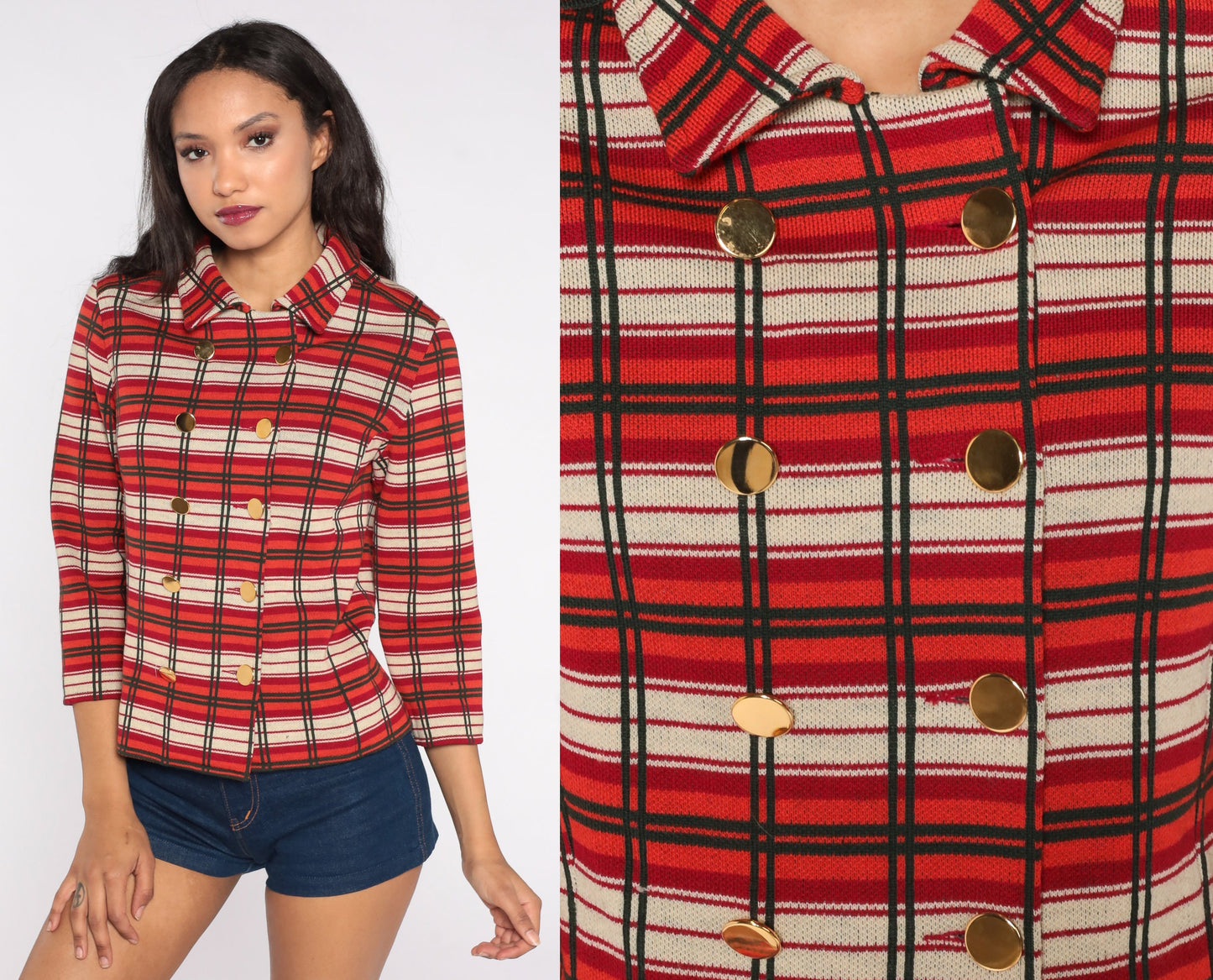 60s Plaid Wool Jacket Cropped Double Breasted Orange Red Mod Small