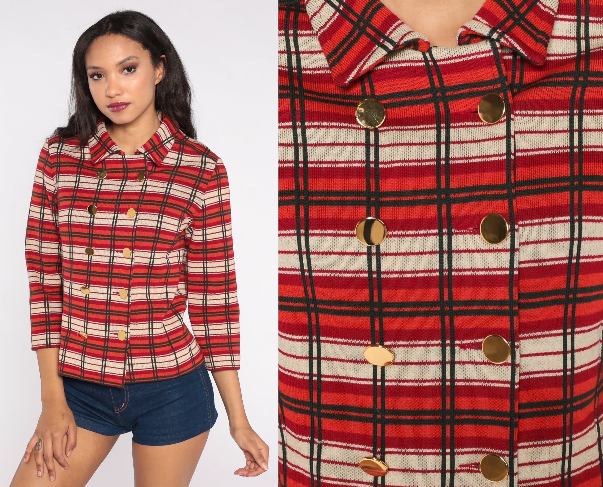 60s Plaid Wool Jacket Cropped Double Breasted Orange Red Mod Small