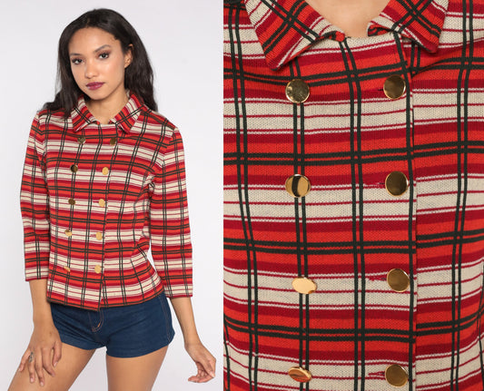 60s Plaid Wool Jacket Cropped Double Breasted Orange Red Mod Small