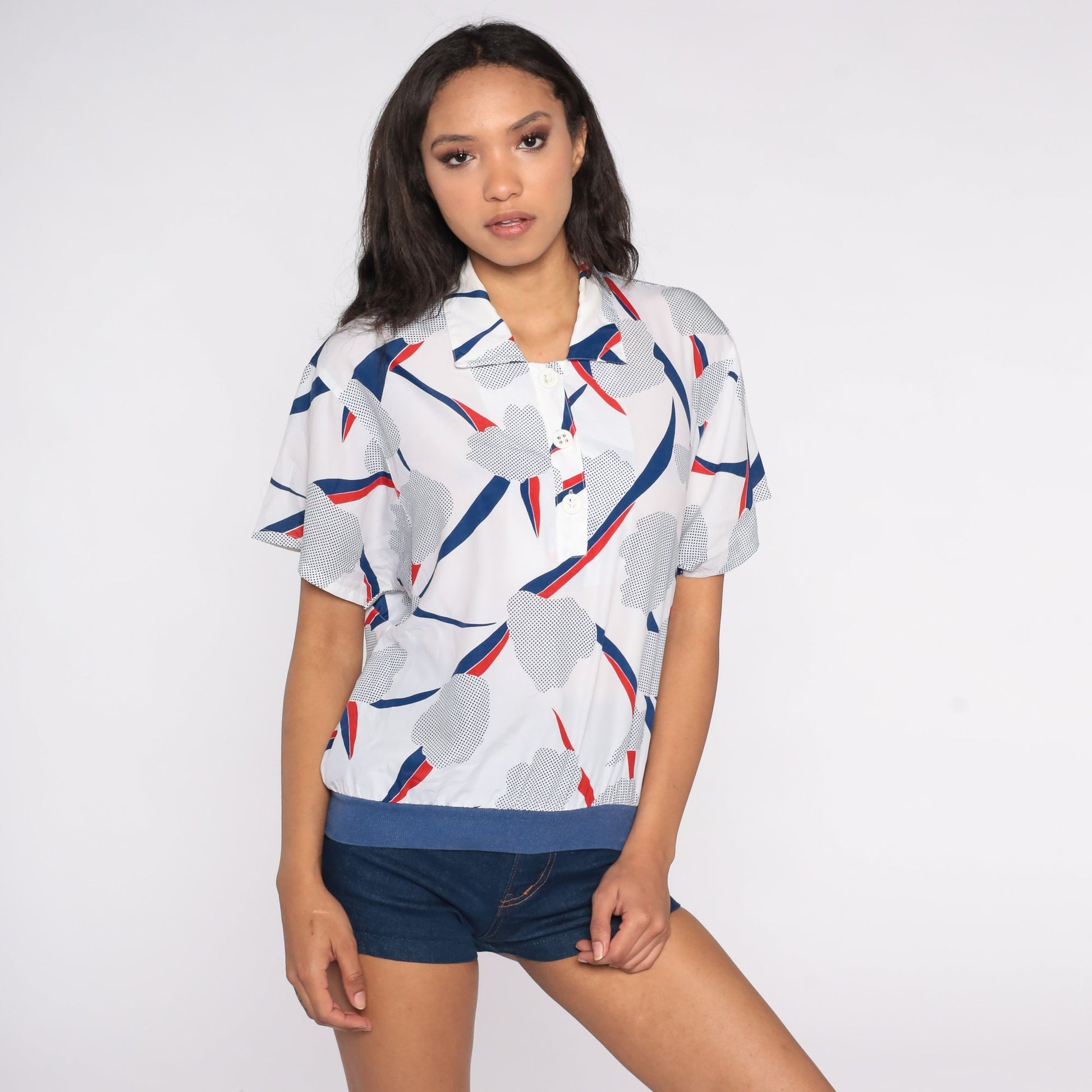 80s Abstract Floral Polo Shirt White Blue Button Up Short Sleeve Small