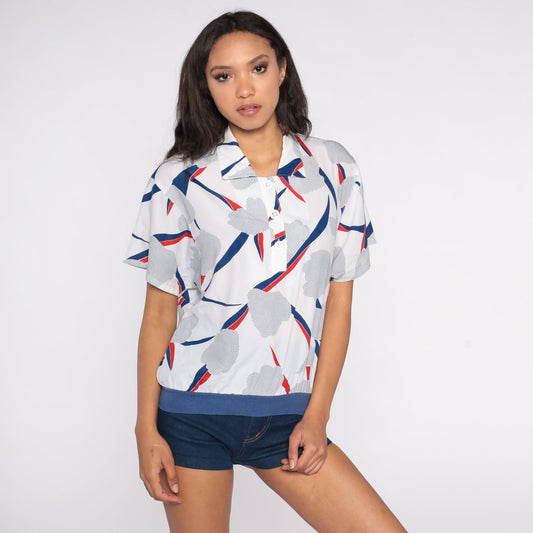 80s Abstract Floral Polo Shirt White Blue Button Up Short Sleeve Small