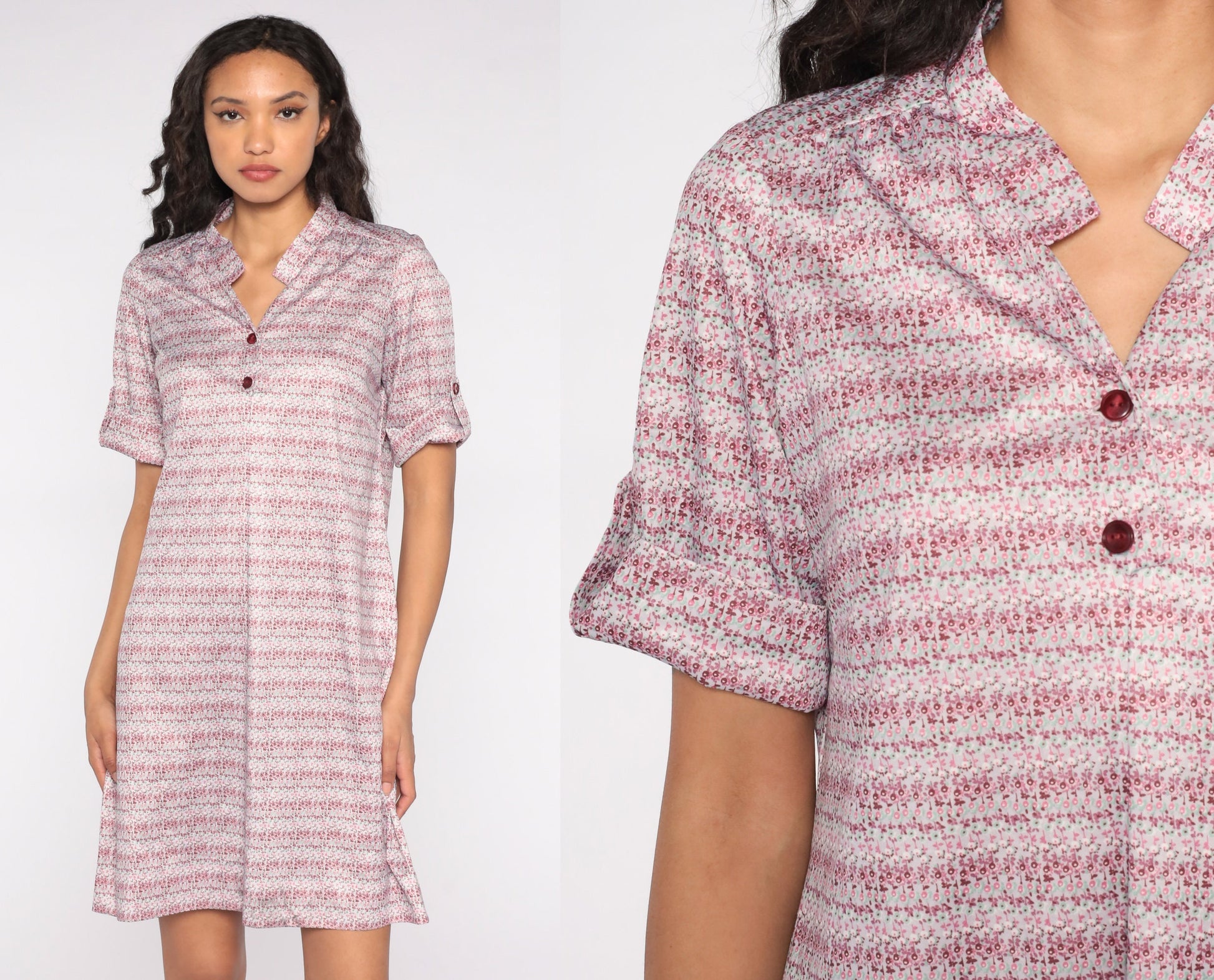 90s Striped Shirt Dress Pink Floral Button-Up Collar Mini Large L