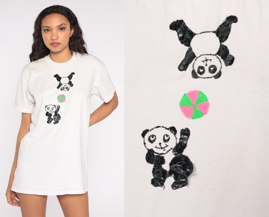 90s Panda Bear Graphic T-Shirt White Animal Print Tee Medium Large