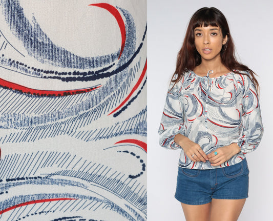 70s Swirl Print Blouse Keyhole Neck Long Sleeve White Medium