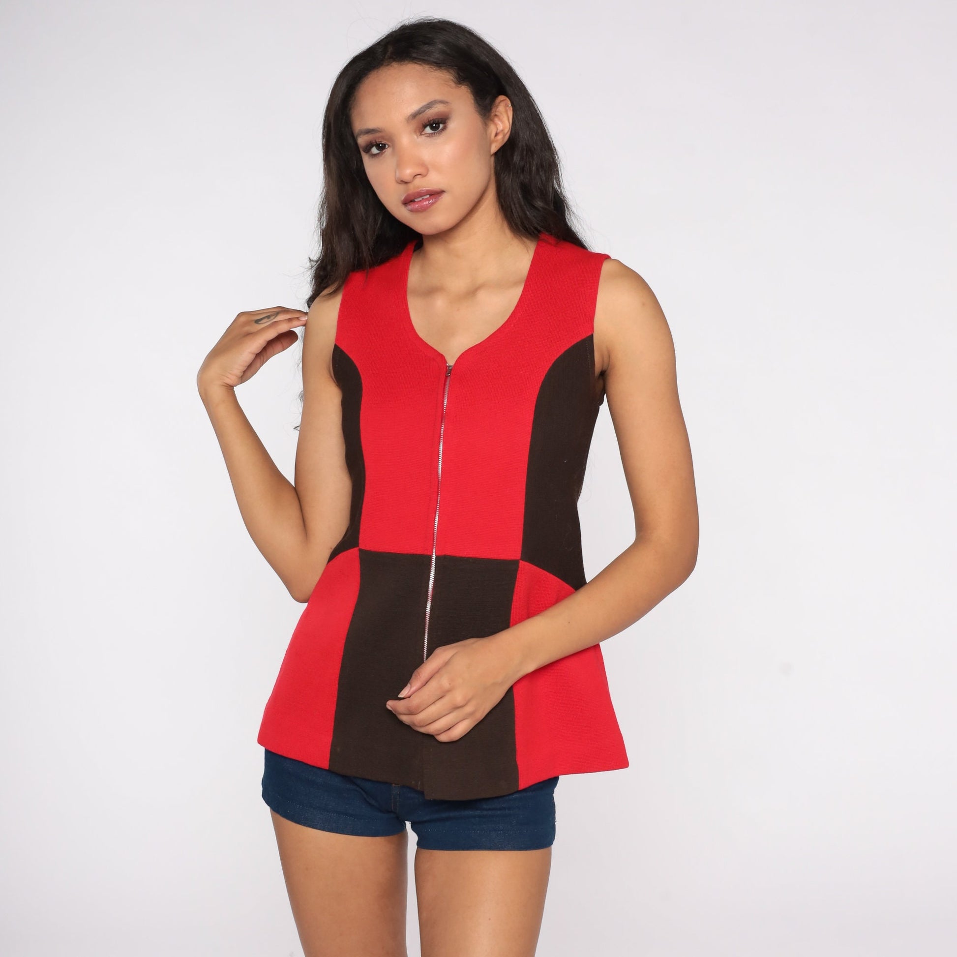 60s Mod Color Block Tank Top Zip Front Red Black Sleeveless Small