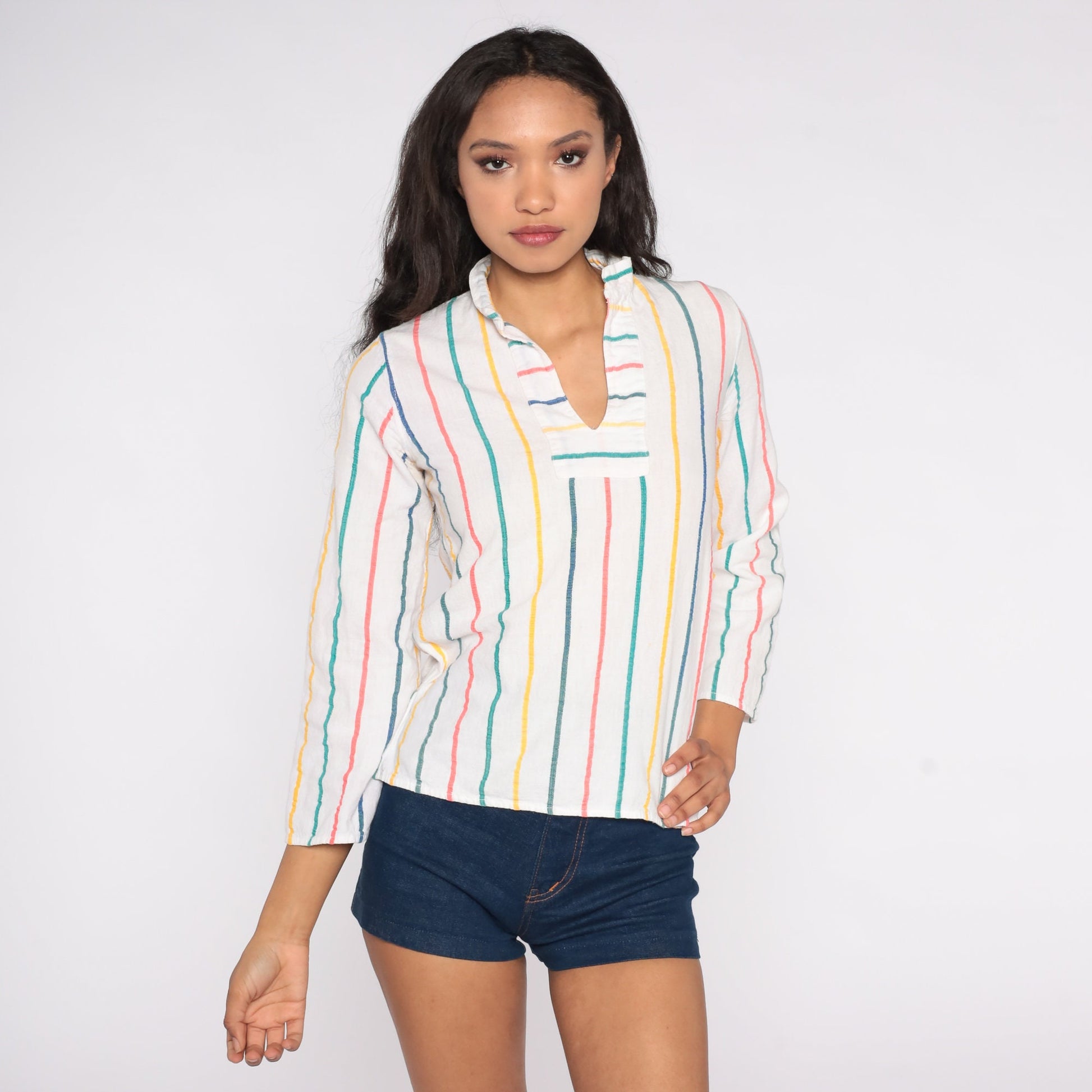70s Cotton Striped Tunic Top White V-Neck Long Sleeve Extra Small