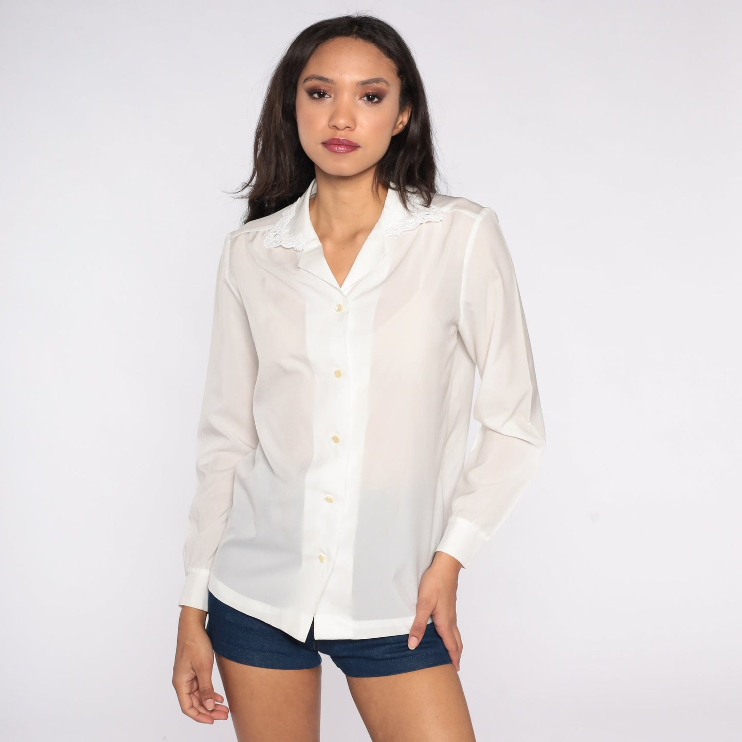 80s Semi-Sheer White Button-Up Blouse Lace Collar Long Sleeve Medium