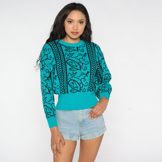 80s Sparkly Teal Geometric Knit Sweater Metallic Swirl Crewneck Small