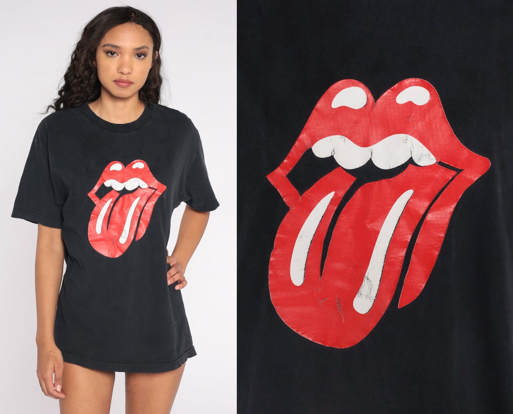 90s Lips Tongue Graphic Band T-Shirt Black Cotton Tee Medium M