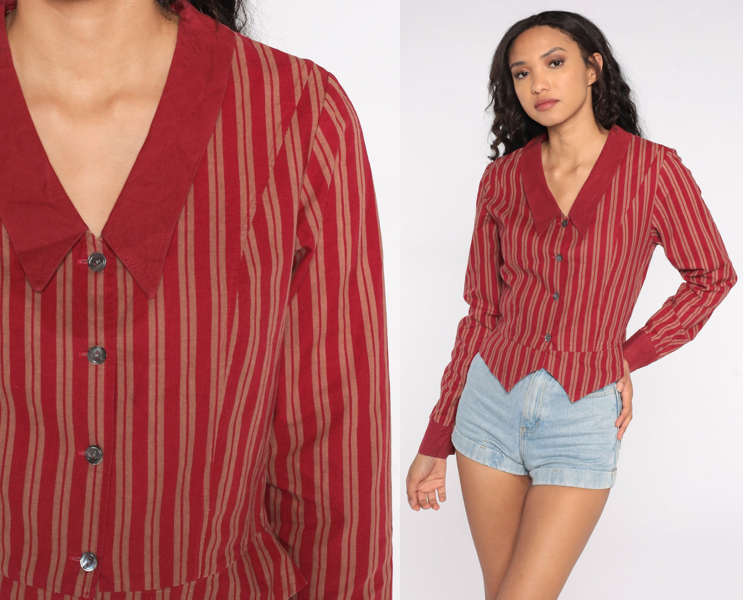 80s Laura Ashley Cotton Striped Button-Up Blouse Chelsea Collar Red Medium