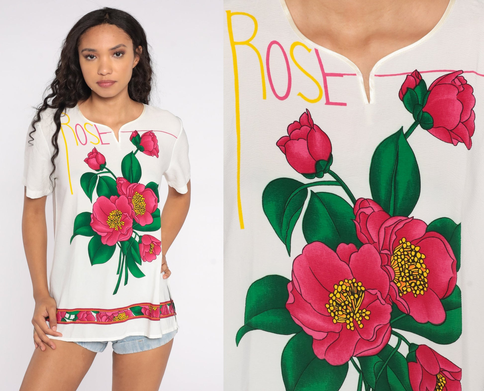 00s Rose Graphic V-Neck Blouse White Floral Short Sleeve Medium M