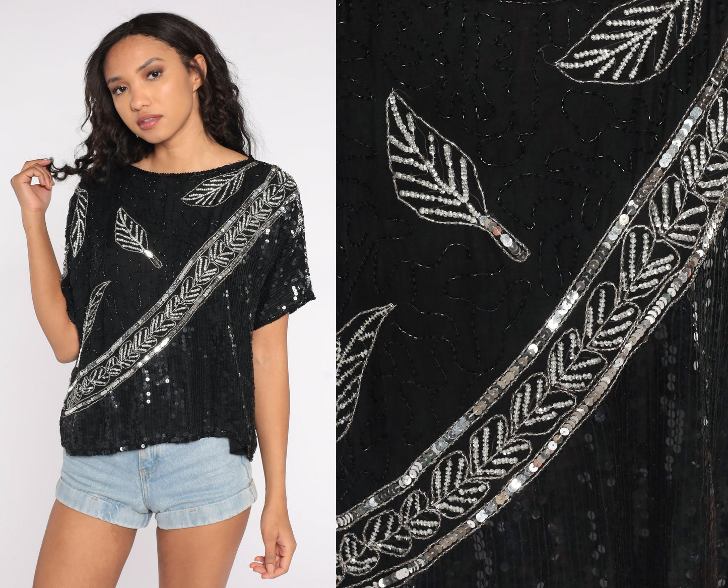 80s Black Silk Sequin Beaded Blouse Silver Leaf Print Disco Top Medium