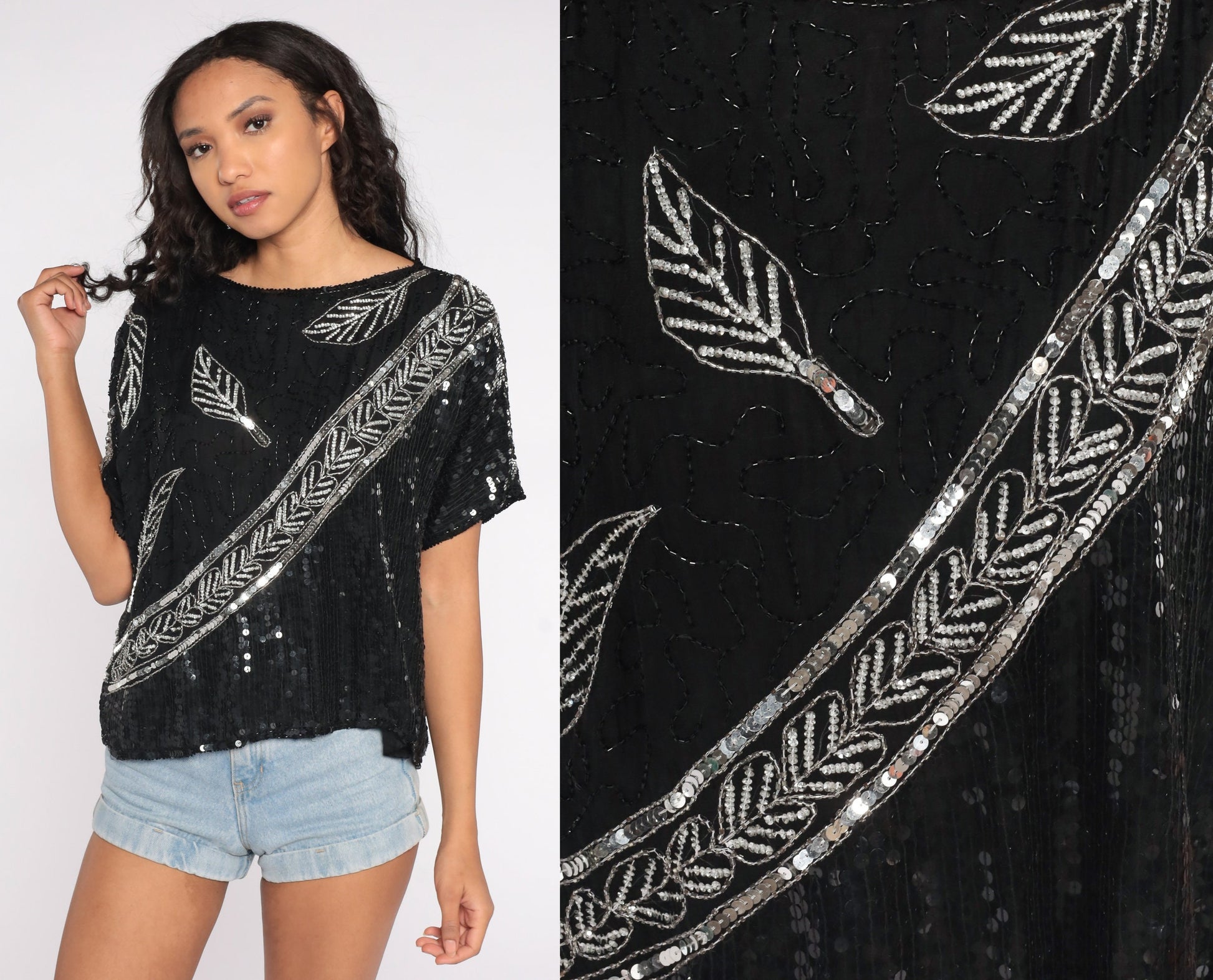 80s Black Silk Sequin Beaded Blouse Silver Leaf Print Disco Top Medium