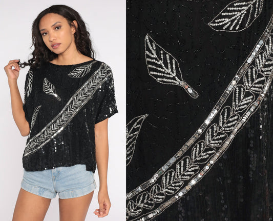 80s Black Silk Sequin Beaded Blouse Silver Leaf Print Disco Top Medium