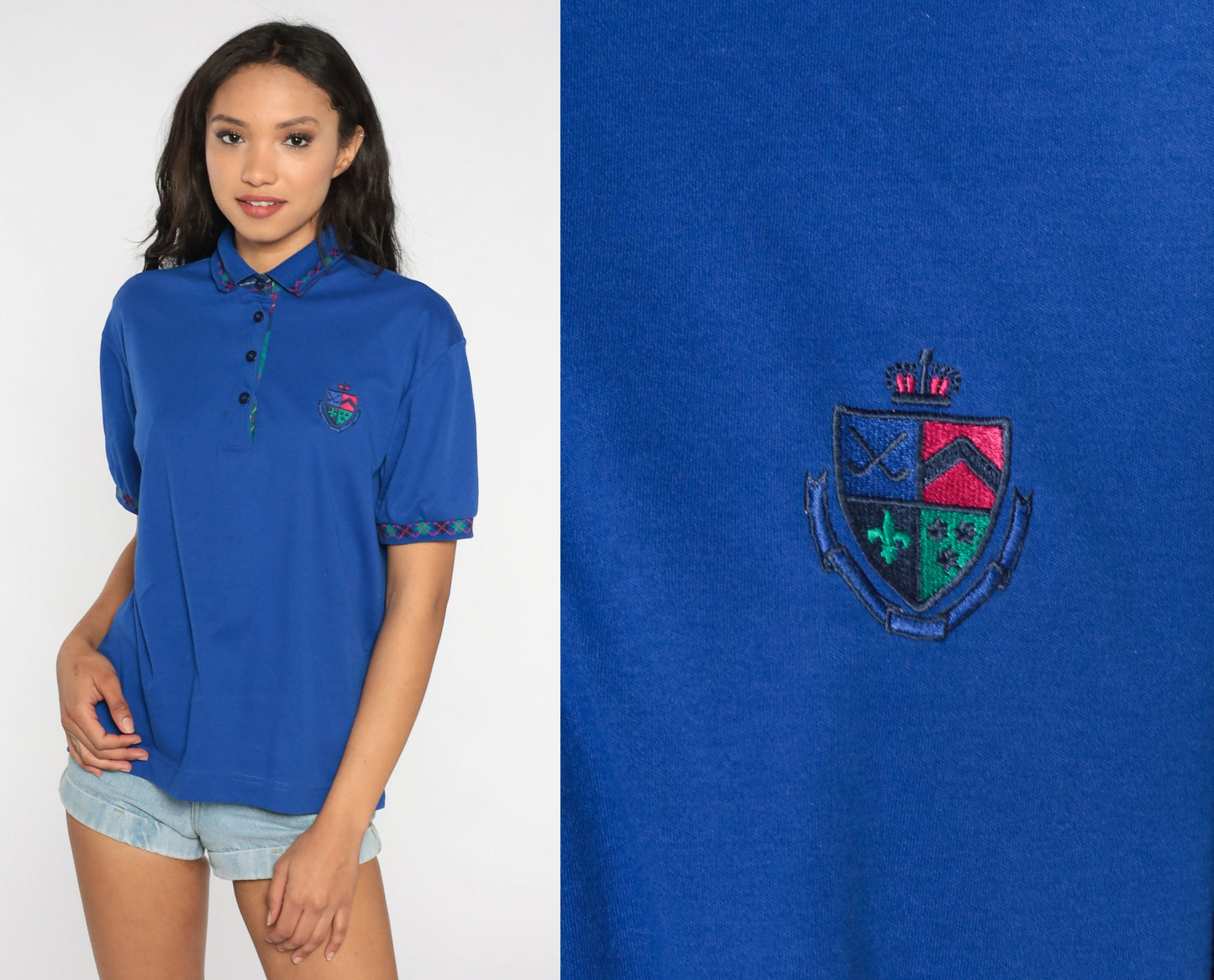 90s Blue Polo Shirt Embroidered Crest Argyle Trim Quarter Button Large L