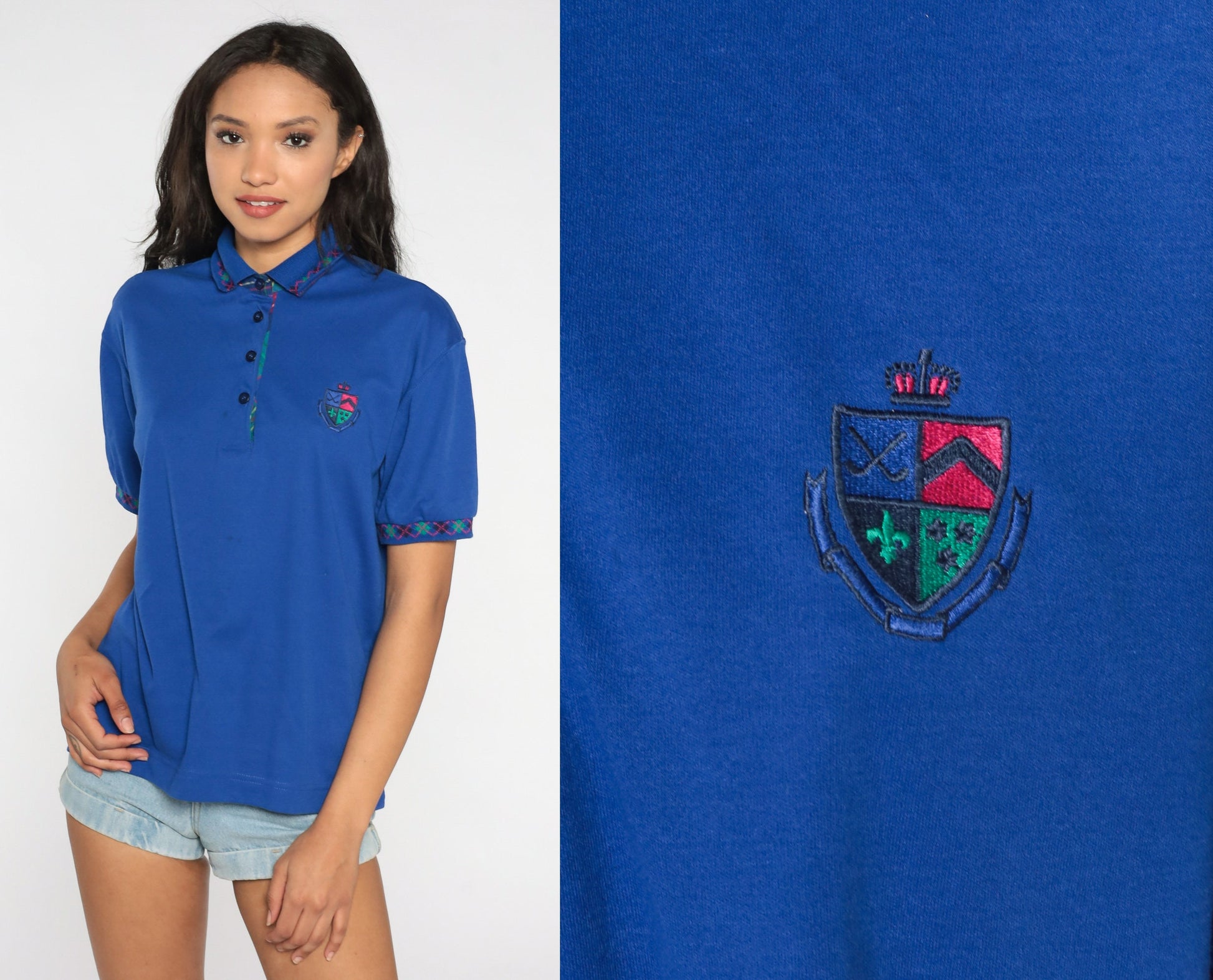 90s Blue Polo Shirt Embroidered Crest Argyle Trim Quarter Button Large L