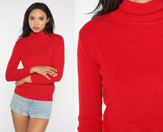 80s Red Knit Turtleneck Long Sleeve Sweater Top Ribbed Medium Large