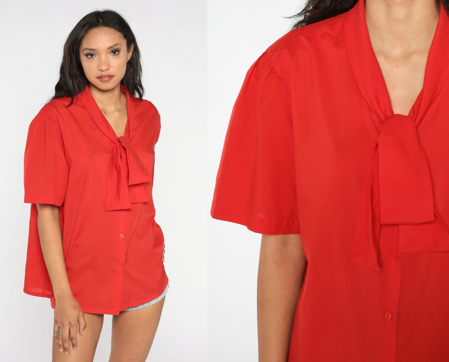 80s Red Ascot Bow Blouse Button-Up Secretary Shirt Puff Sleeve Extra Extra Large XXL