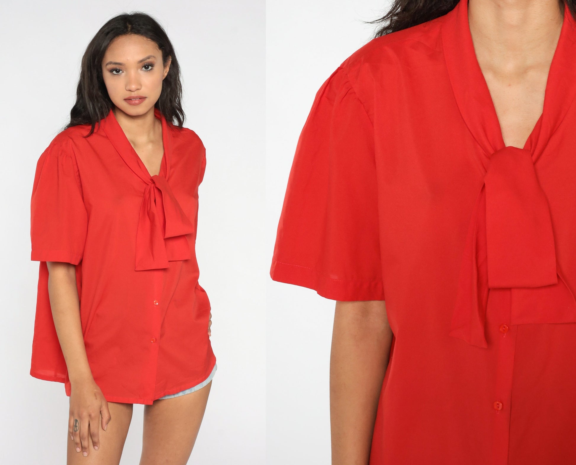 80s Red Ascot Bow Blouse Button-Up Secretary Shirt Puff Sleeve Extra Extra Large XXL