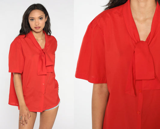80s Red Ascot Bow Blouse Button-Up Secretary Shirt Puff Sleeve Extra Extra Large XXL