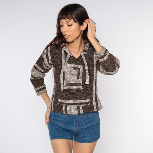 90s Mexican Drug Rug Hoodie Brown Stripe Kangaroo Pocket XXS