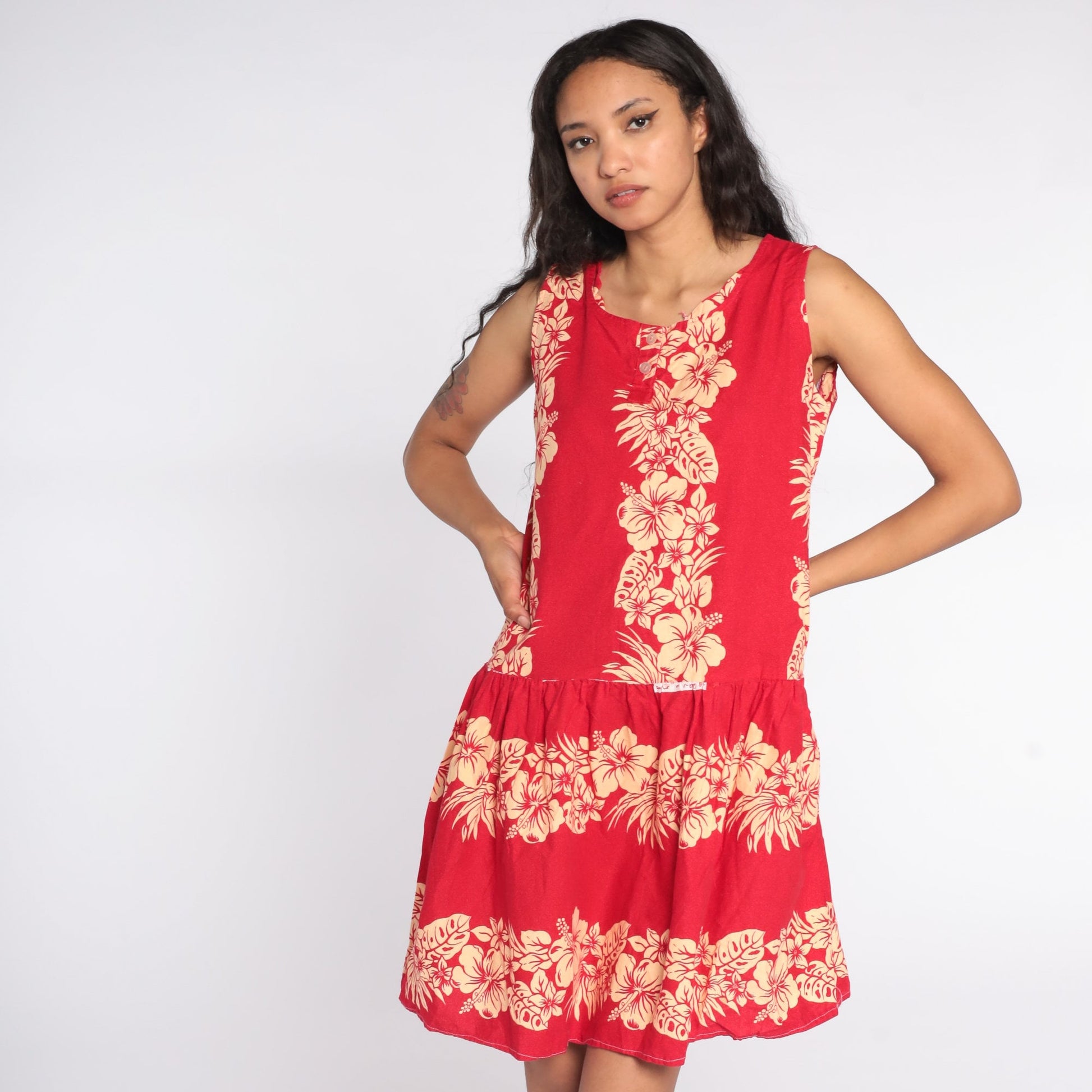 80s Tropical Floral Mini Dress Red Button-Up Sleeveless Medium