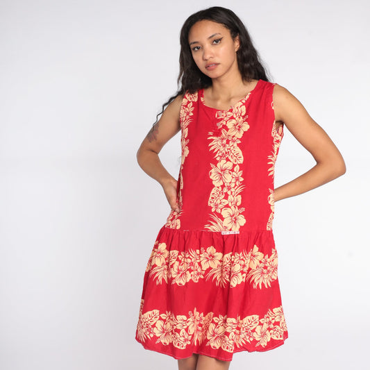 80s Tropical Floral Mini Dress Red Button-Up Sleeveless Medium
