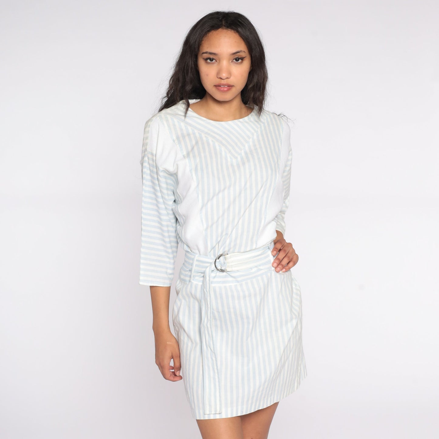 80s Striped Mini Dress White Blue 3/4 Sleeve High Waisted Medium