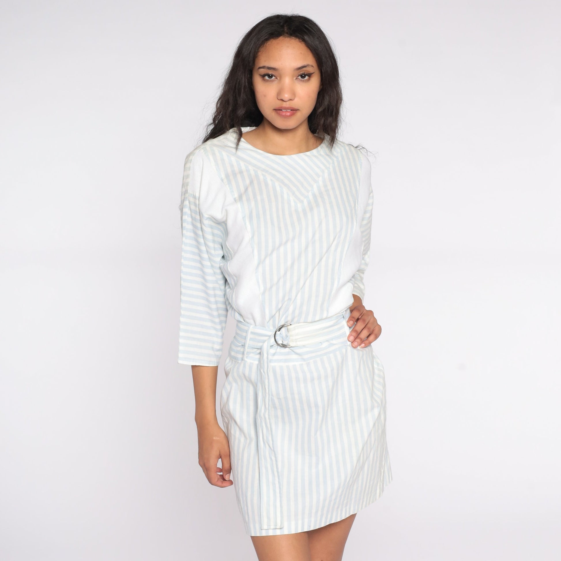 80s Striped Mini Dress White Blue 3/4 Sleeve High Waisted Medium