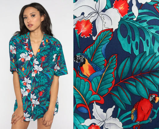 80s Hawaiian Shirt Blue Tropical Floral Parrot Print Cotton Button-Up Large L